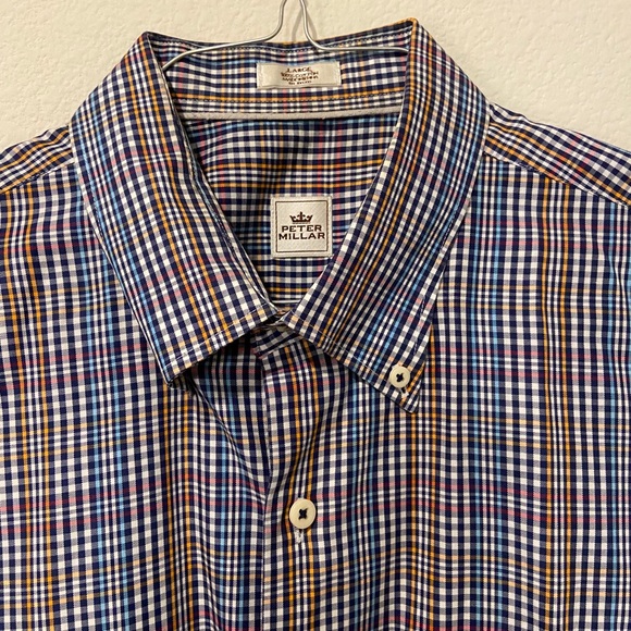 🆕 Peter Millar Plaid Button Down Dress Shirt - Navy, Orange, and Pink - Picture 7 of 9